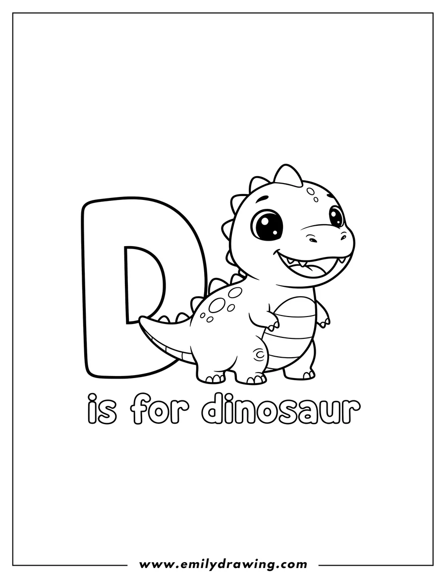 Clean line drawing: kawaii 'D is for dinosaur' coloring page for preschoolers, featuring a smiling, spiky dinosaur