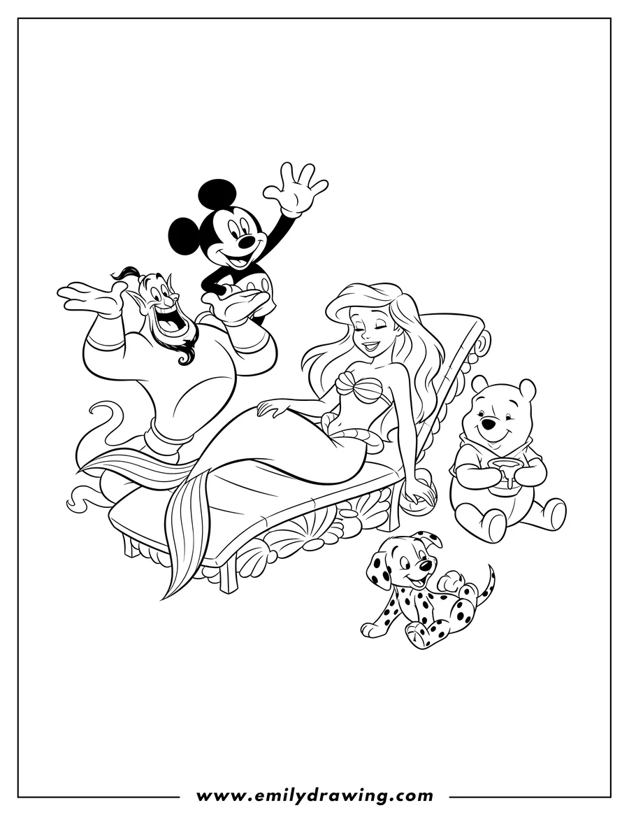 Simple sketch of disney Cartoon Ariel relaxing, Pooh, Genie laughing, Mickey Mouse waving, and a Dalmatian puppy to color