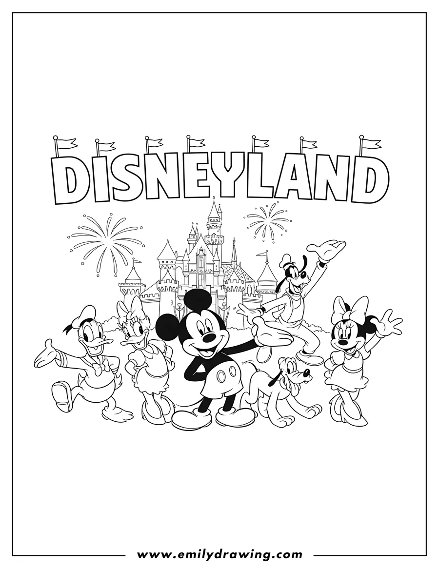 Downloadable coloring page of disneyland poster with the 'Disneyland' text in flag-topped blocks, featuring Mickey Mouse, Donald Duck, Daisy Duck, Goofy jumping, Pluto, and Minnie Mouse waving