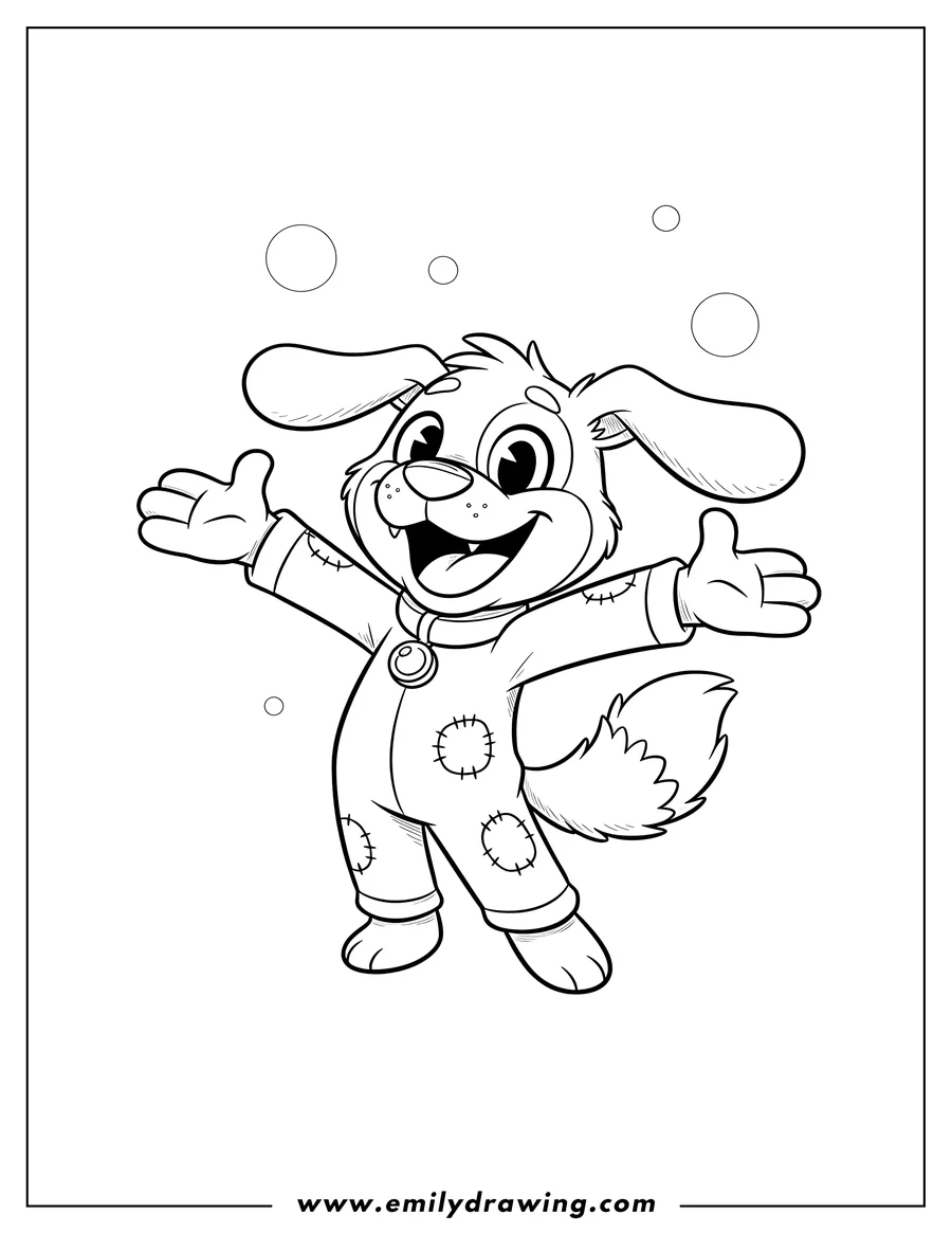 Clean line drawing: dogday From Poppy Playtime, smiling with open mouth and outstretched arms