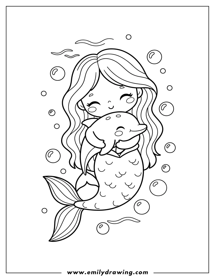 Doodle style coloring picture of kawaii mermaid with closed eyes cuddling a dolphin, surrounded by bubbles underwater
