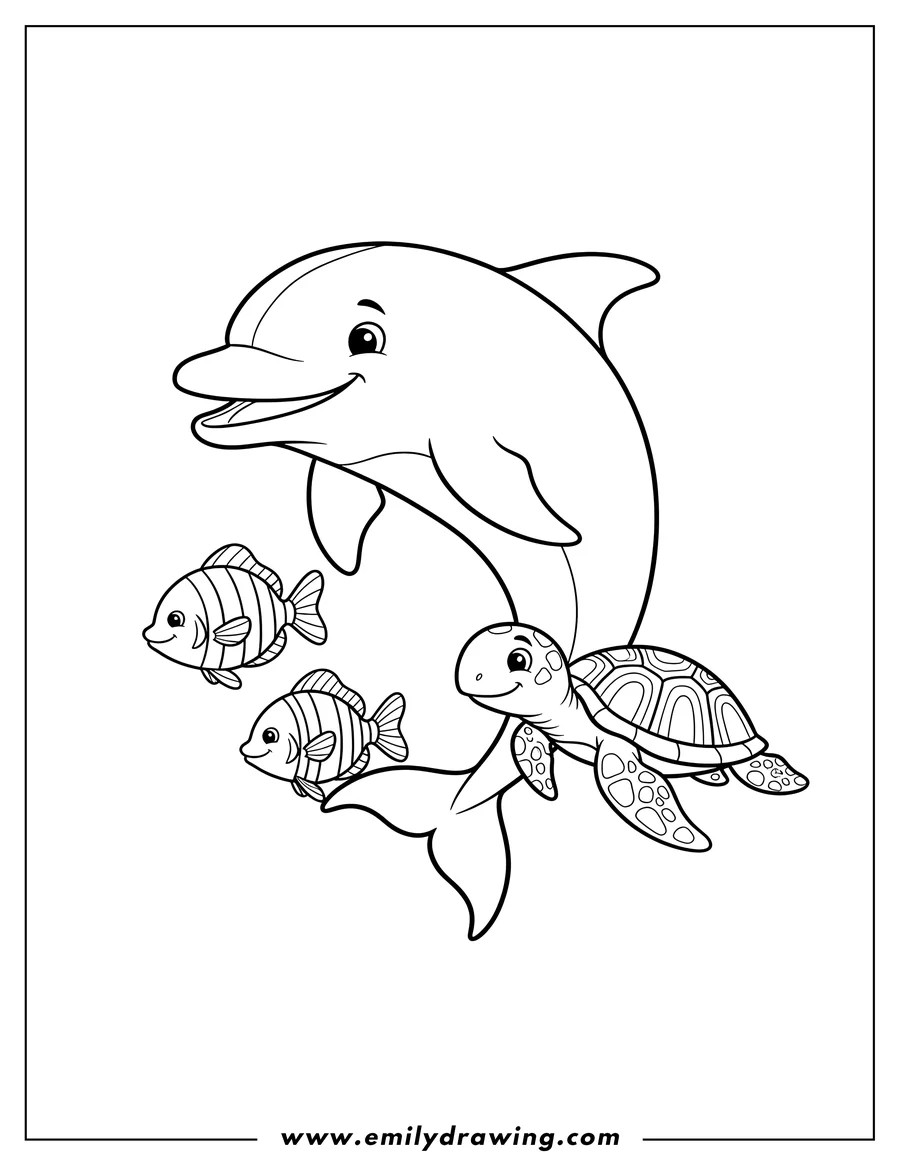 High quality printable smiling Dolphin swimming with two striped fish and a sea turtle for coloring