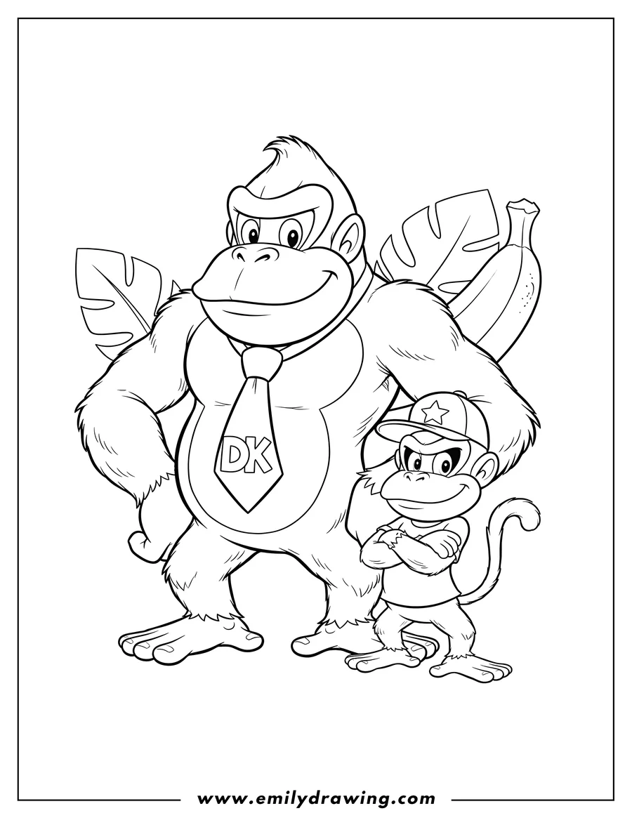 Free to print drawing of donkey Kong smiling and Diddy Kong with arms crossed