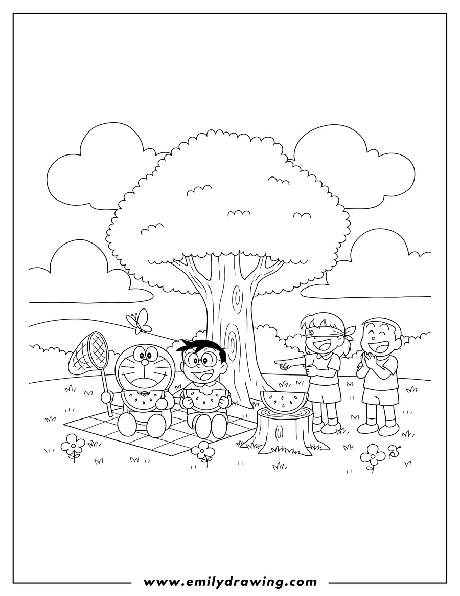 Linear illustration of doraemon and Nobita eating watermelon, Nobita holding a butterfly net, and a friend playing suikawari in a summer scene