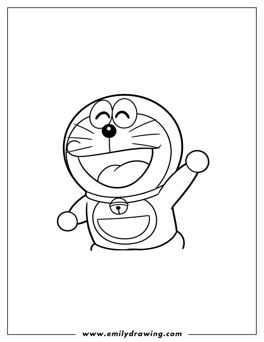 Free printable coloring sheet of kawaii Doraemon laughing and waving