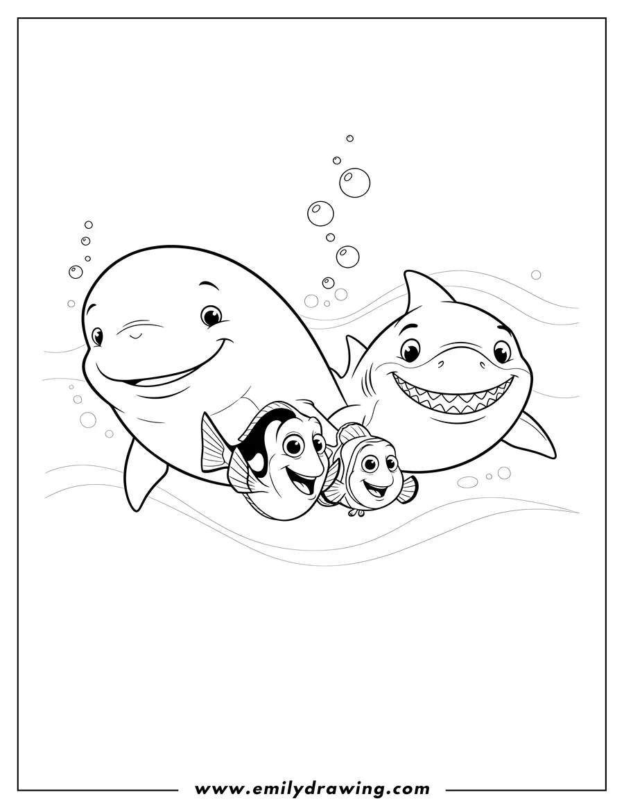 Downloadable coloring page of easy Dory Swimming With Nemo, beluga whale, and shark, all smiling