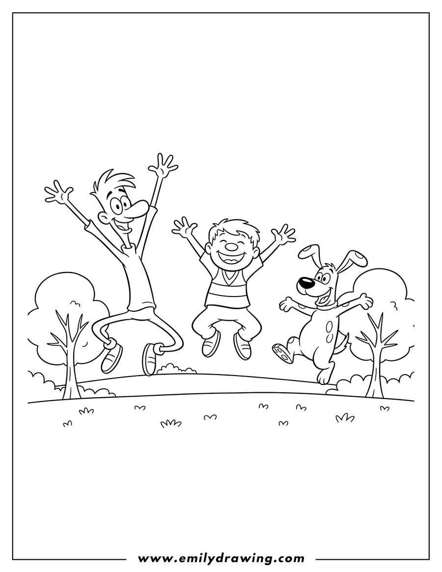PDF style coloring page: doug, Skeeter, and Porkchop jumping happily in a park