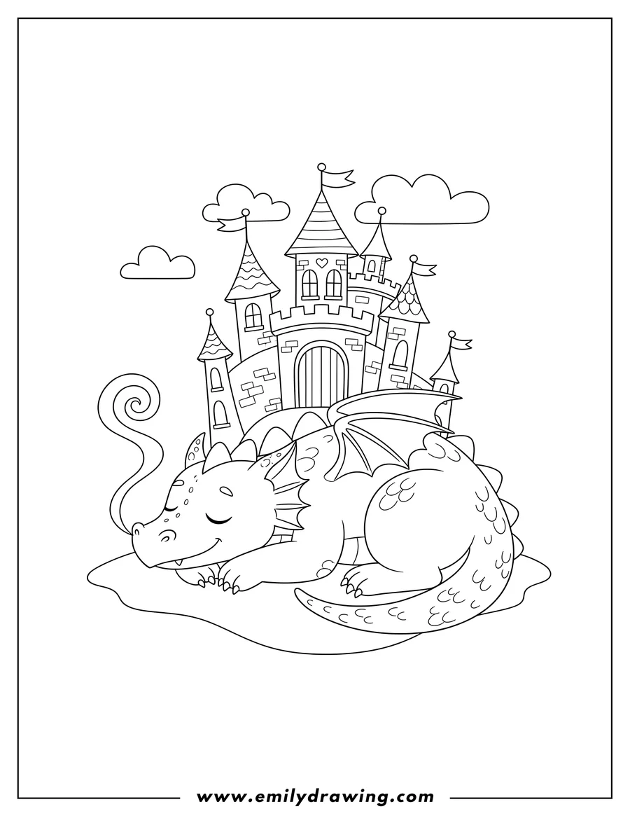 Vector style outline of dragon Protecting Castle, lying down