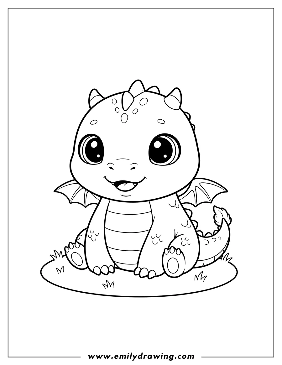 Outline drawing of kawaii Dragon To Color, sitting, with big eyes and small wings