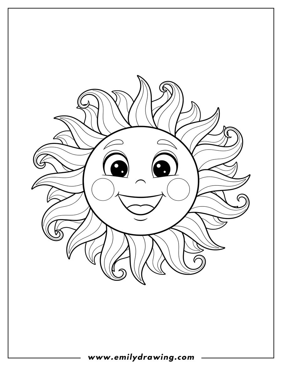Coloring sheet featuring dream Like Sun with a smiling face and wavy rays To Colorv2