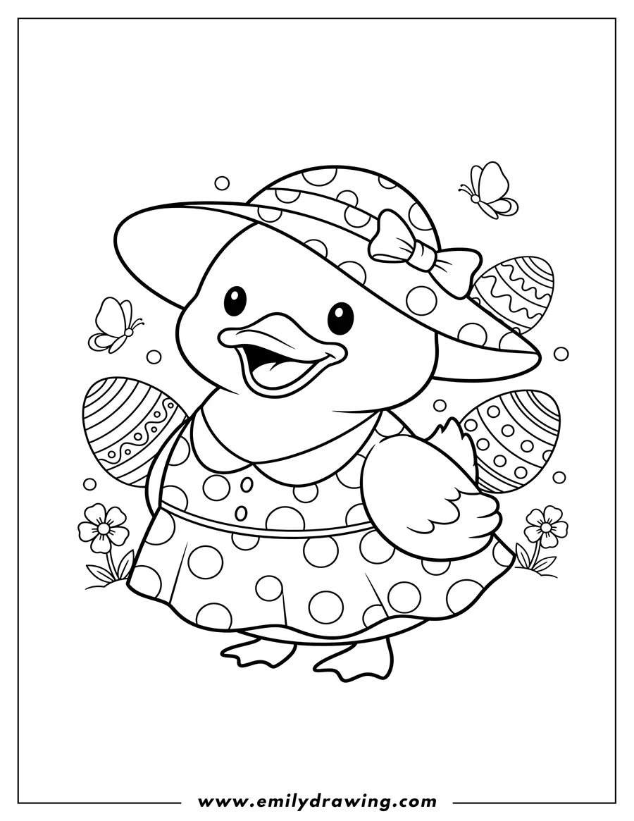 Simple sketch of kawaii Duck in a Polka Dot Dress, wearing a hat, smiling, Easter to color
