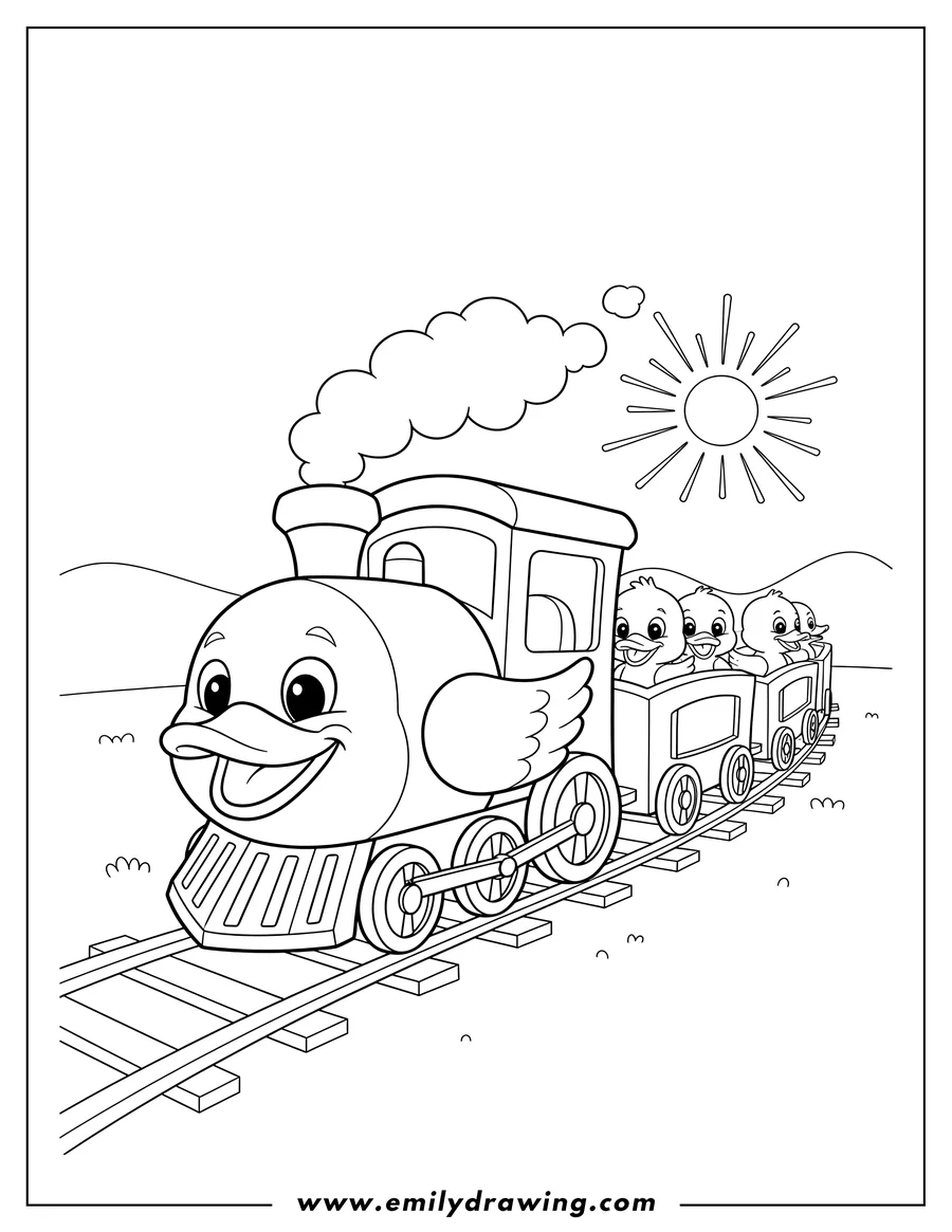 Coloring page of duck Train Scaled, a cartoon train with a smiling face on tracks