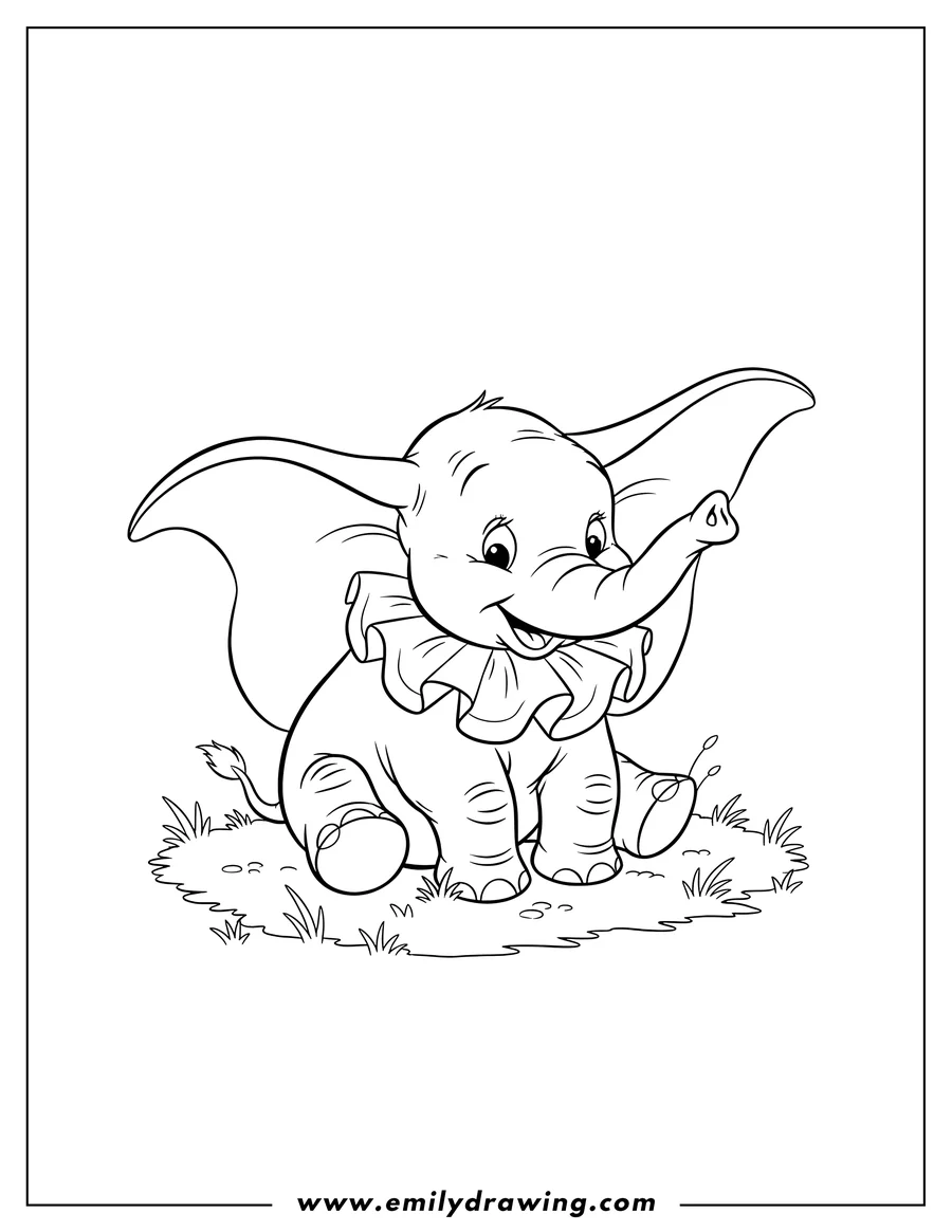 Outline drawing of dumbo Sitting On Grass with a ruffled collar and extended trunk, looking playful