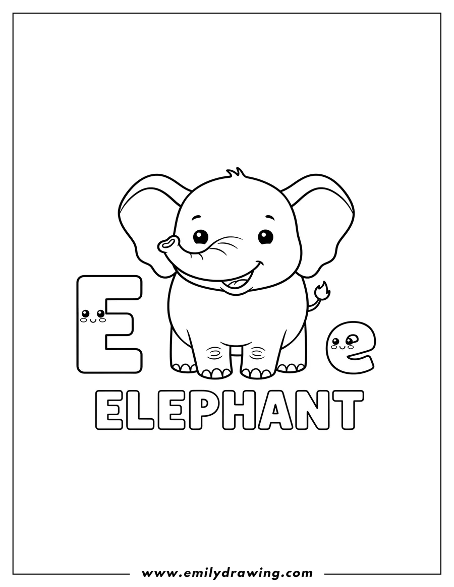 Coloring page for kids: kawaii E Is Elephant, featuring uppercase and lowercase E, and the word elephant written below