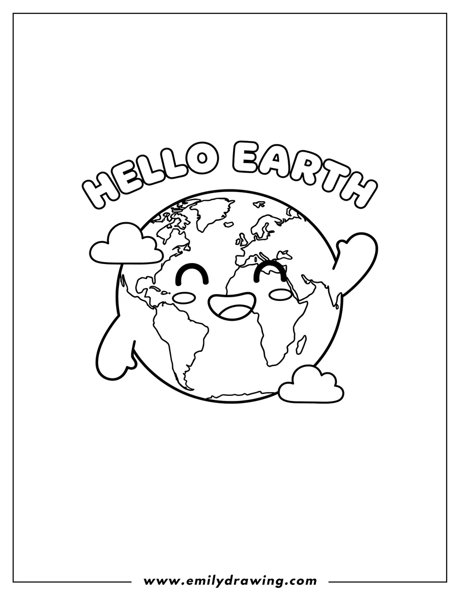 Printable coloring page of kawaii Earth Waving with a smiling face and 'HELLO EARTH' text