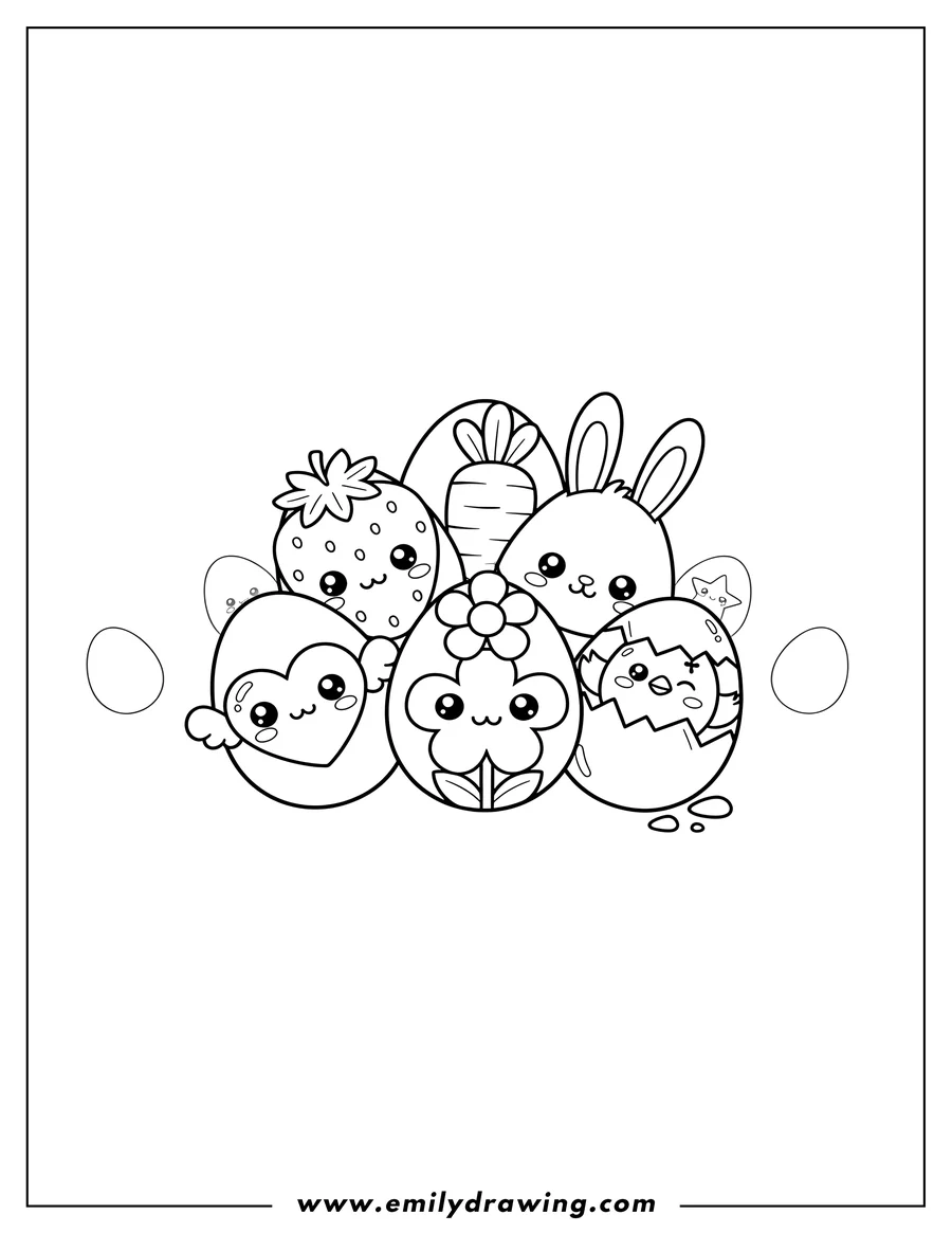 Outline drawing of kawaii Easter Eggs with Strawberry, Carrot, Bunny, Heart, Flower, Star, and Chick Designs