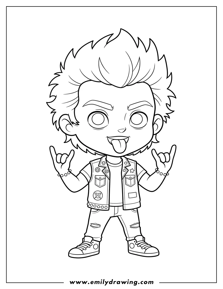 High quality printable eddie Munson Scaled, sticking out his tongue and making horn gestures for coloring