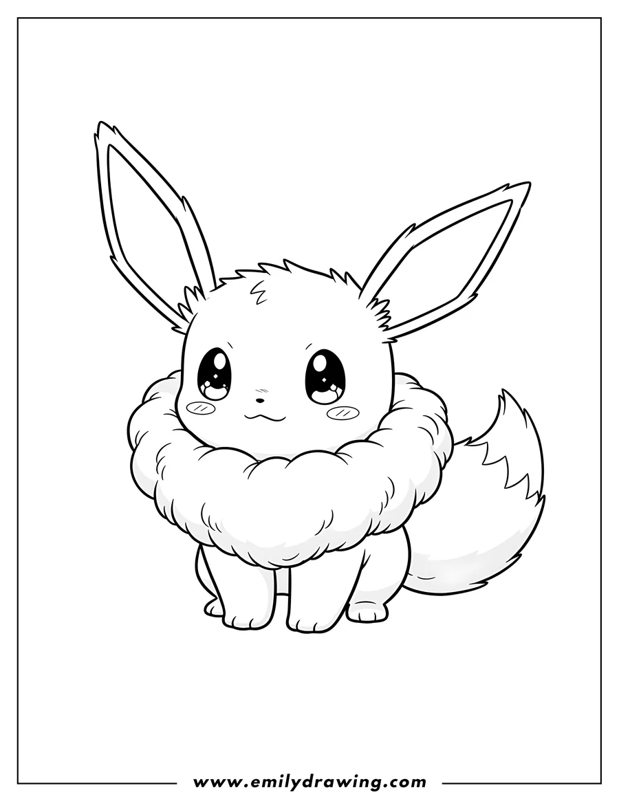Printable coloring page of kawaii Eevee standing with fluffy collar