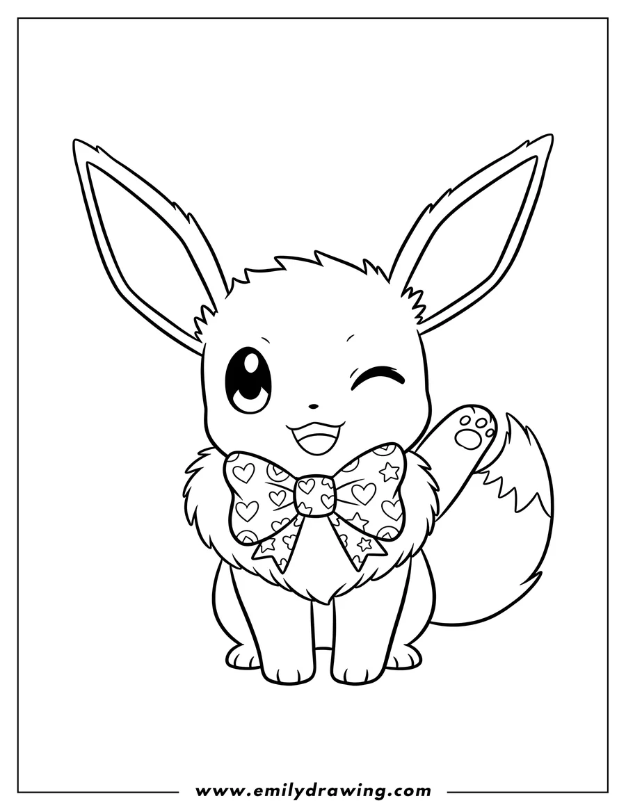 Vector style outline of kawaii Eevee with bowtie, winking and waving a paw