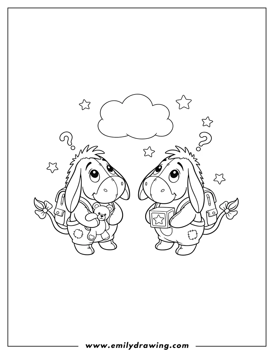 Outline drawing of kawaii Eeyore Preschoolers, looking up with big eyes