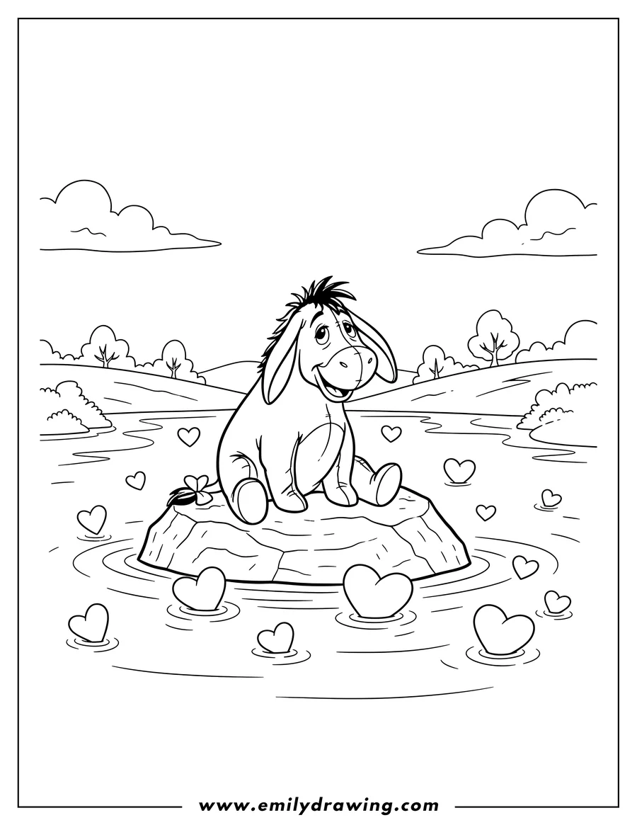 Linear illustration of eeyore Sitting On Rock Middle Lake, smiling, with hearts floating on the water