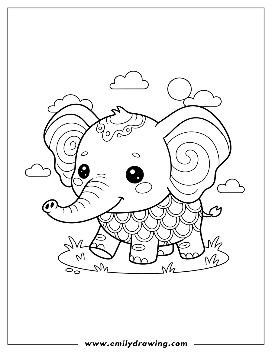 Coloring sheet featuring kawaii Elephant With Little Trunk Scaled, with large ears, walking on grass