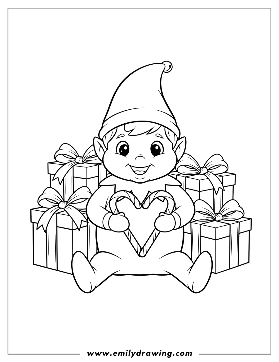 Printable line art of elf On Shelf sitting and holding two candy canes forming a heart, with stacked presents