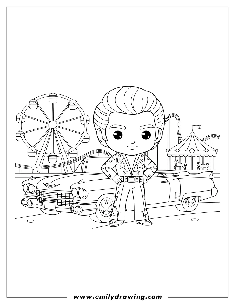 Coloring page of kawaii Elvis Presley with a pompadour hairstyle, wearing a starred jumpsuit, leaning on his classic car with one hand on his hip, at an amusement park