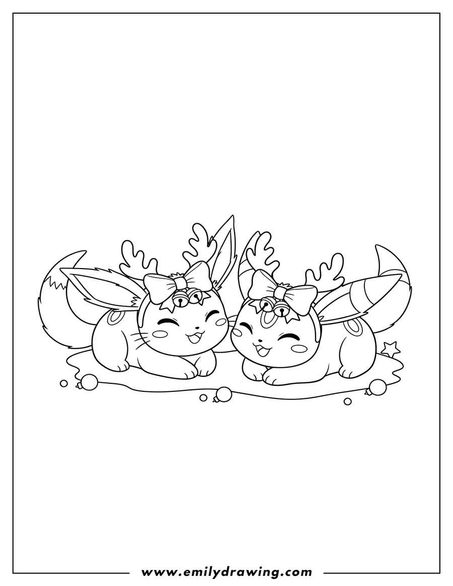 Clean line drawing: kawaii Esepon And Umbreon wearing reindeer antlers and bows with bells, lying happily side-by-side