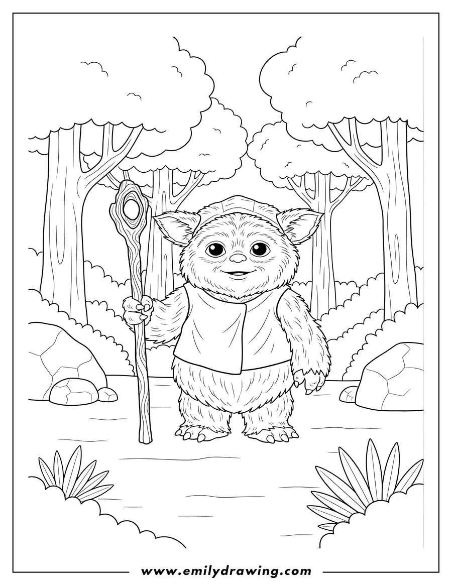 High quality printable ewok Forest, with an Ewok standing and holding a staff for coloring