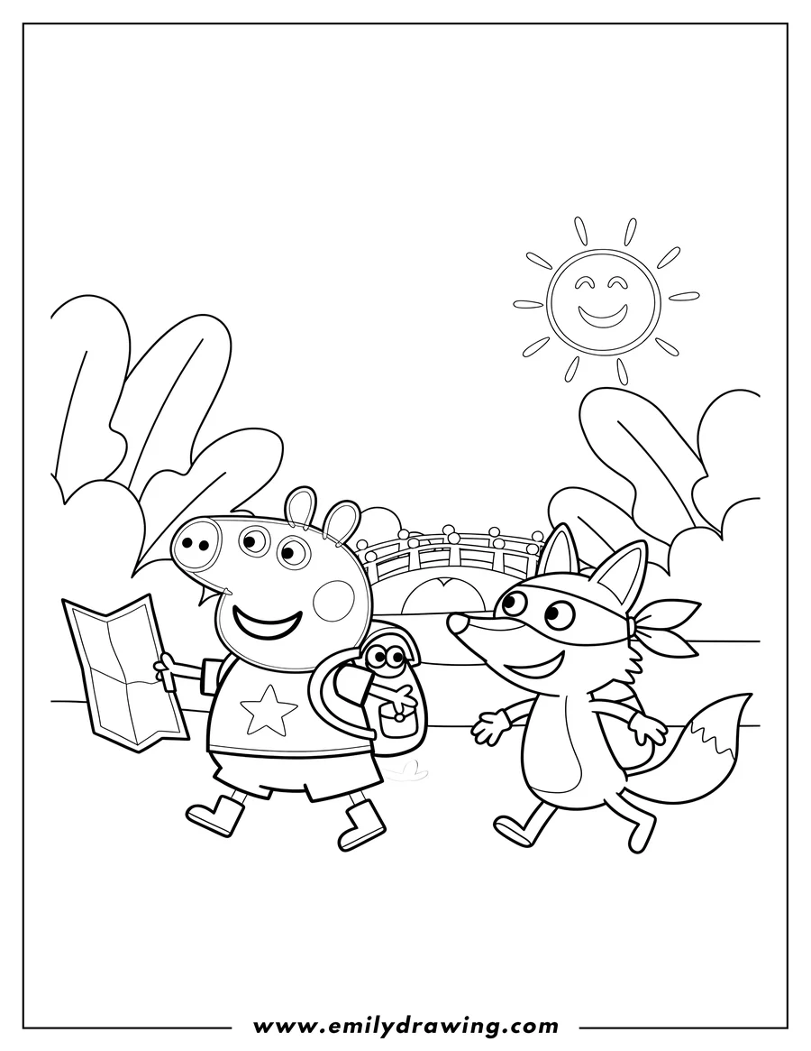 Simple sketch of dora Explorer Themed Peppa Pig walking with Swiper the fox to color