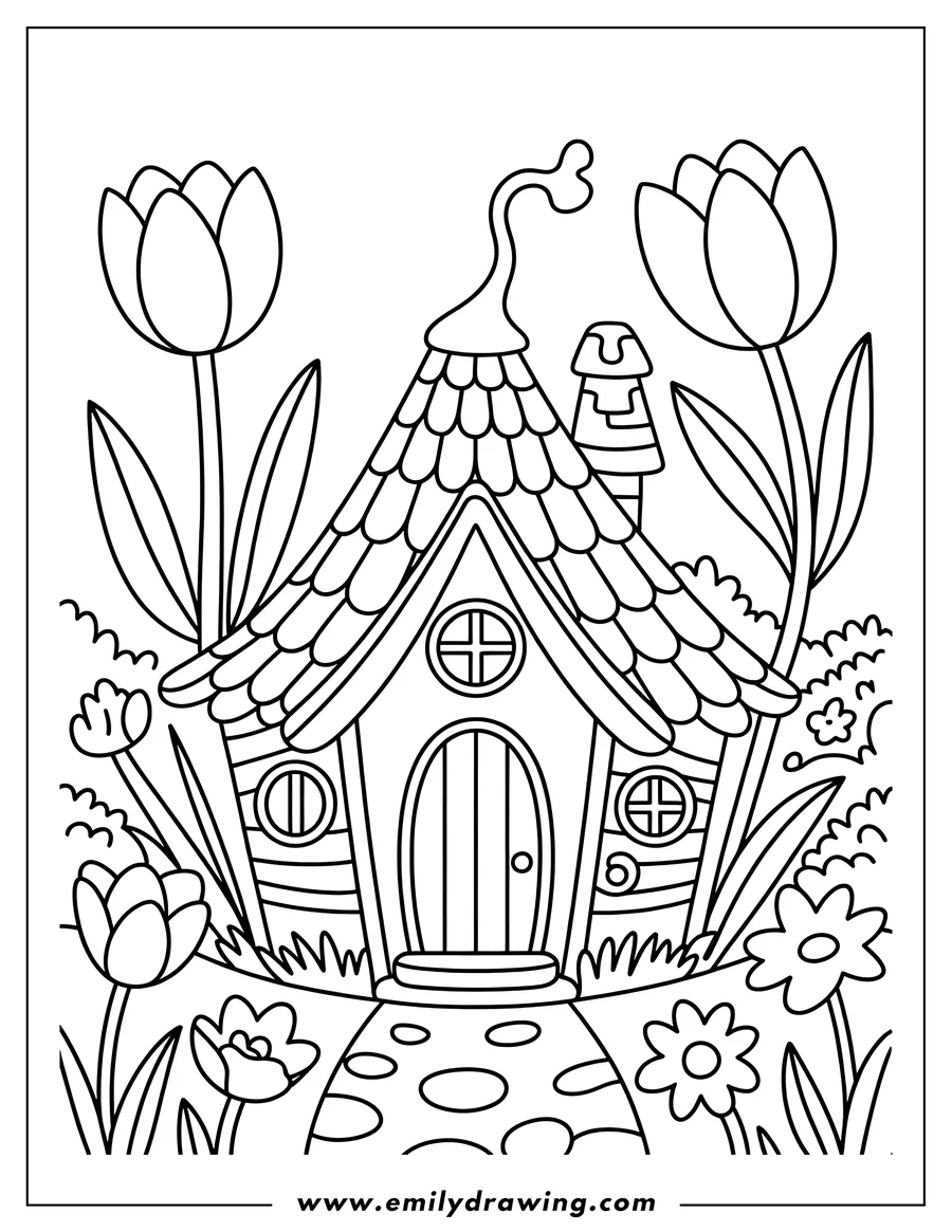 Coloring sheet featuring fairy House