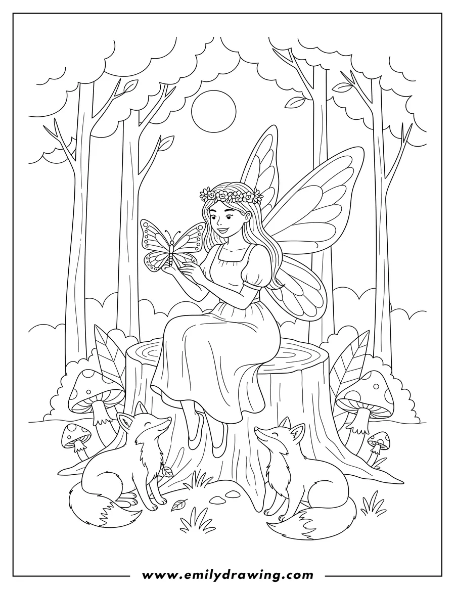 High quality printable cottagecore fairy sitting and holding a butterfly, with two foxes in a forest for coloring