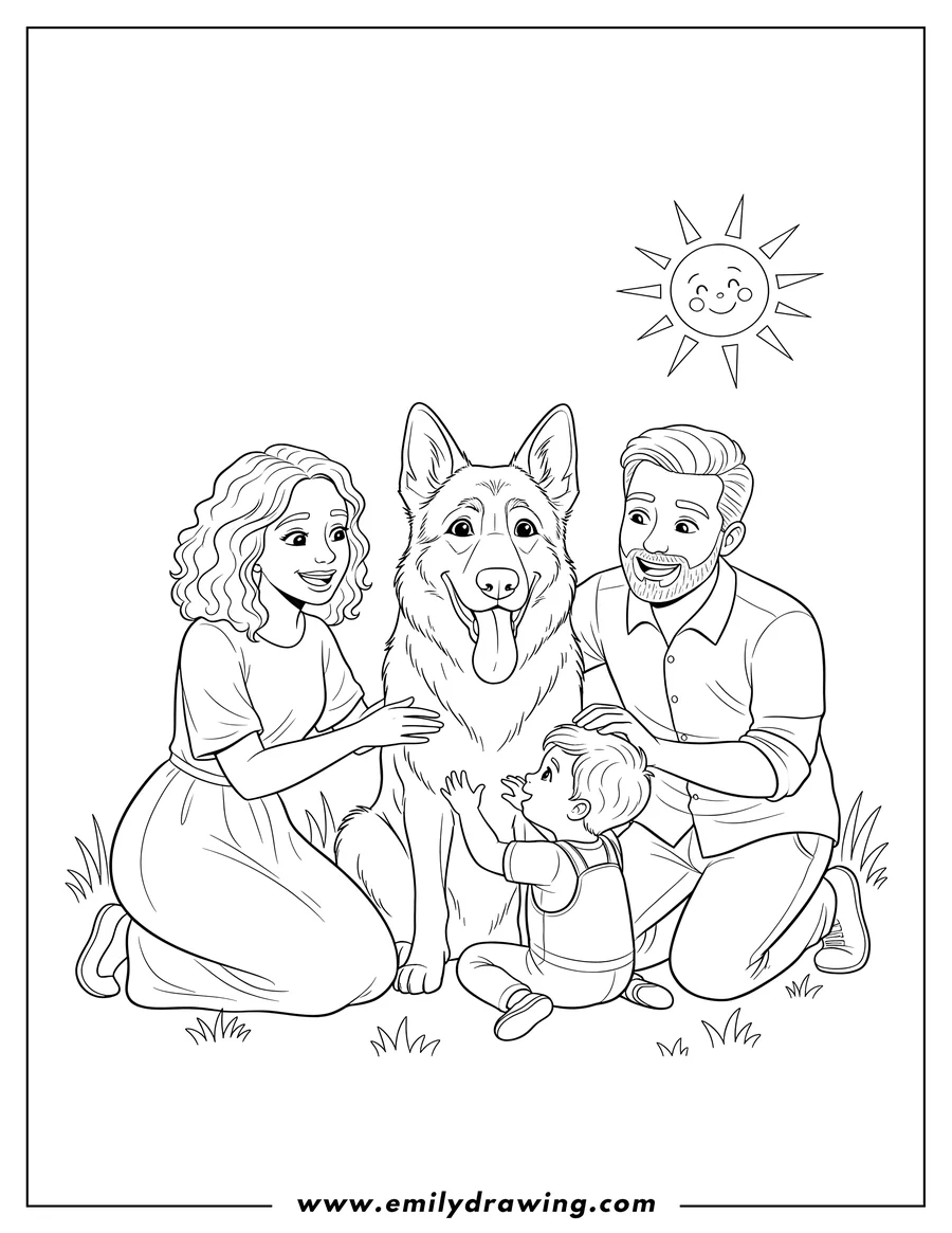 Free printable coloring sheet of mother, father, and child fawning over their sitting German Shepherd with its tongue out
