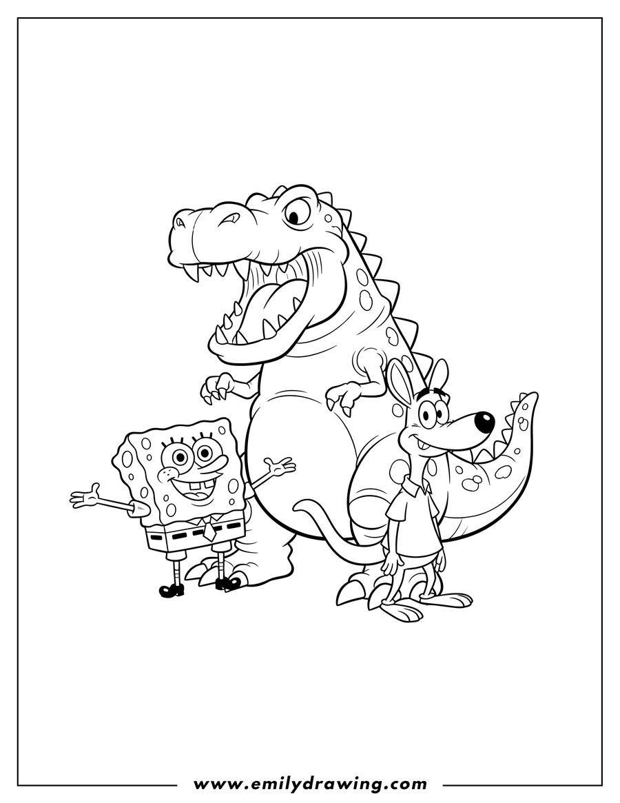 Free to print drawing of famous Nickelodeon Characters Poster, featuring Reptar roaring, SpongeBob SquarePants, and Rocko