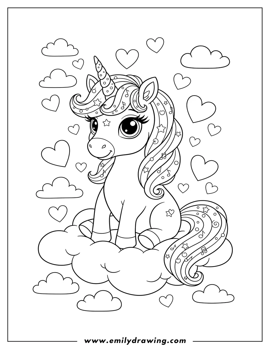 Coloring page of fantasia Unicorn with big round eyes, sitting on a cloud, with hearts and clouds