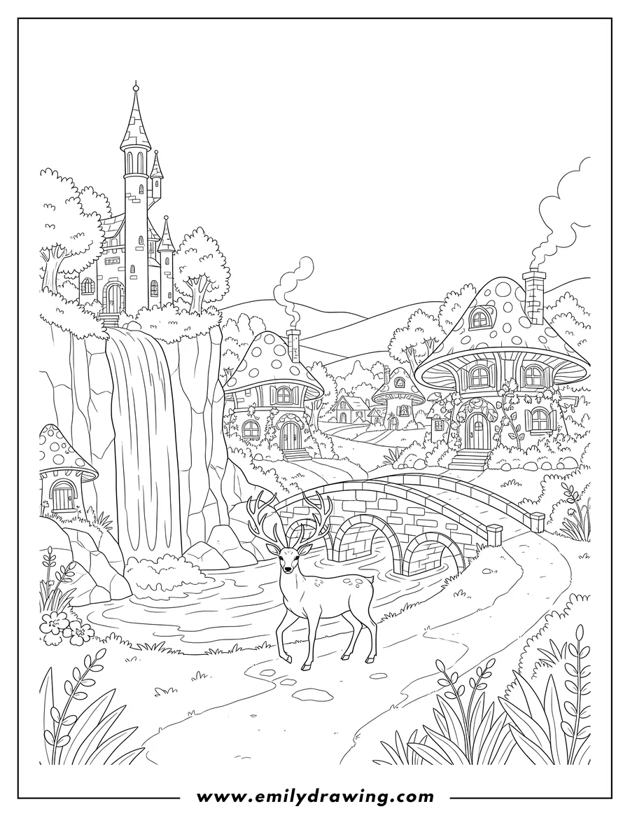Doodle style coloring picture of fantasy Cottagecore Village with a deer walking by a waterfall, featuring a castle tower and a bridge