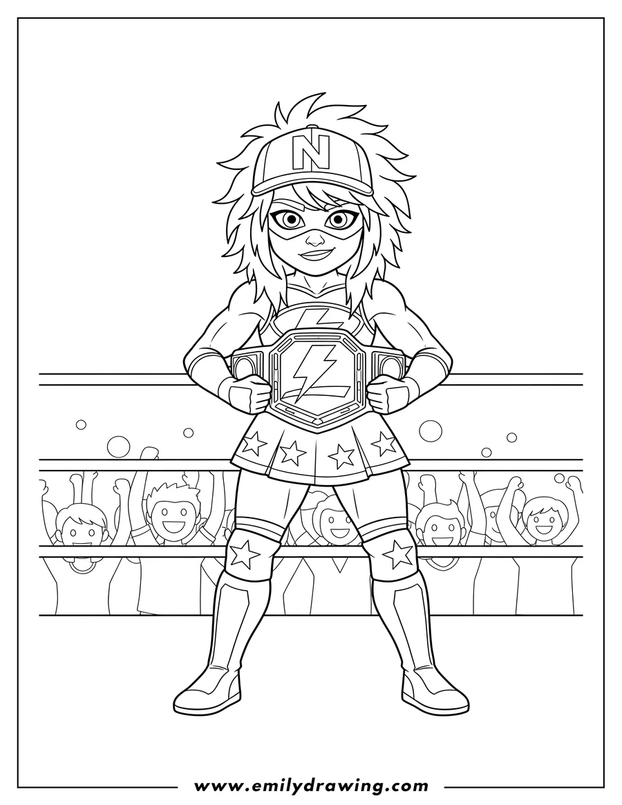 Black and white line art of fearless Nikki Wwe Woman holding a championship belt and wearing a cap