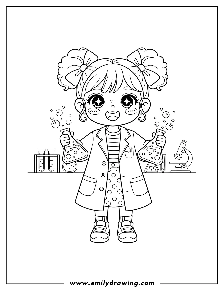 Black and white line art of kawaii Female Scientist smiling, wearing a lab coat, and holding a laboratory flask in each hand