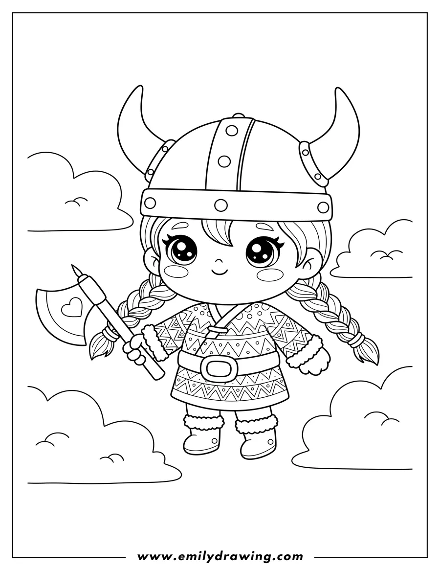 Simple sketch of kawaii Female Viking with horned helmet, holding an axe, and braided hair, in clouds, for preschoolers to color