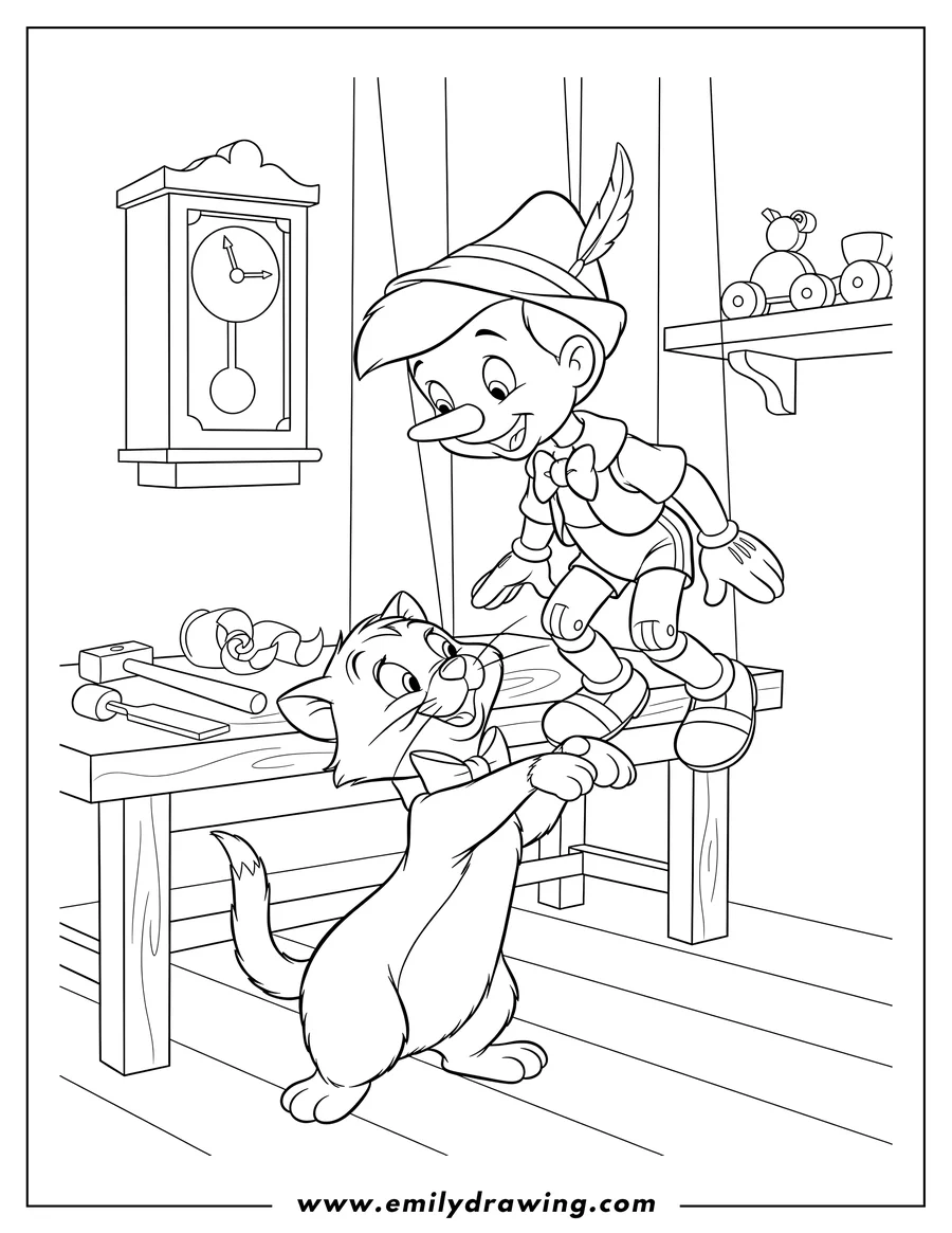 Printable coloring page of figaro the cat playfully looking up at puppet Pinocchio smiling in a workshop