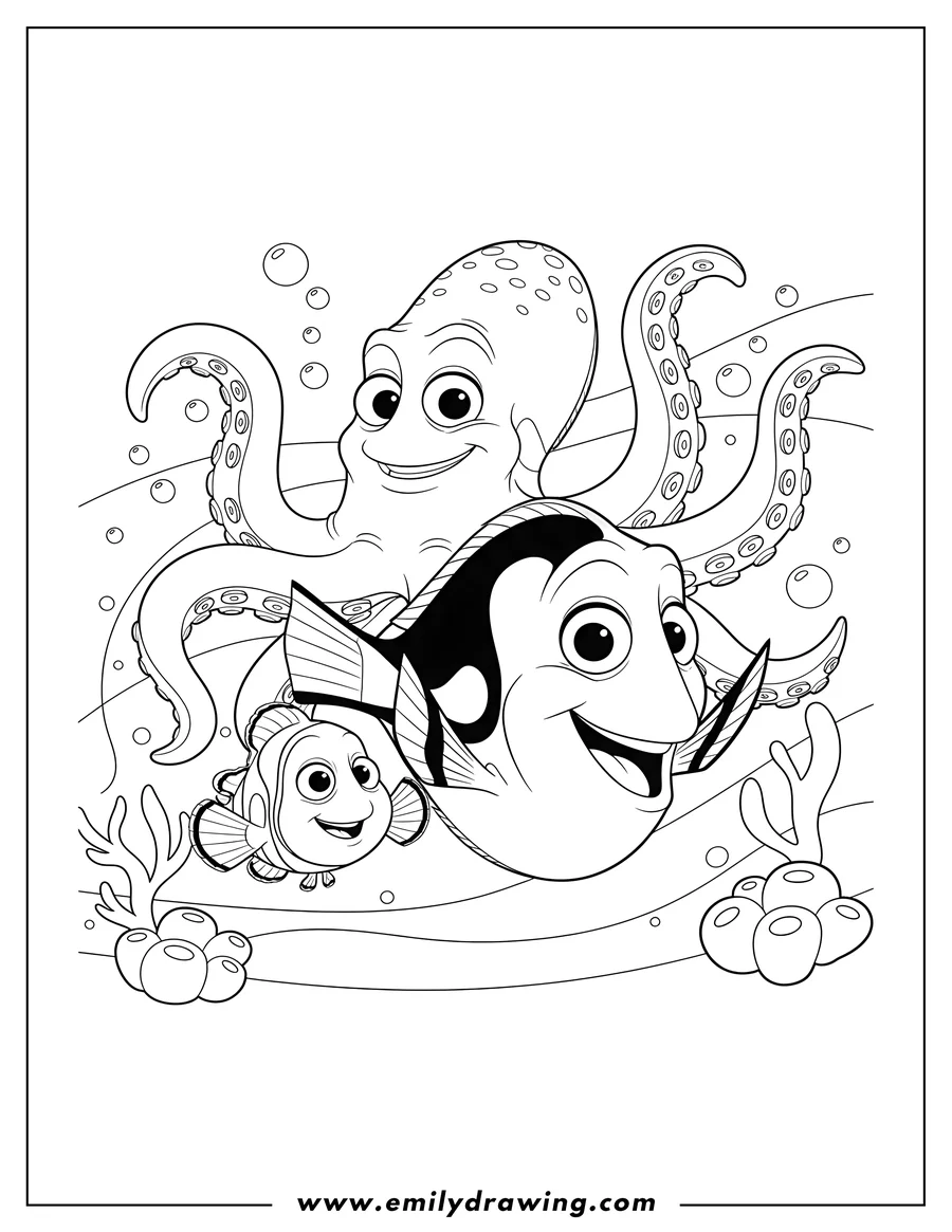 Simple sketch of finding Dory Poster with Dory, Nemo, and Marlin swimming with Hank the octopus to color