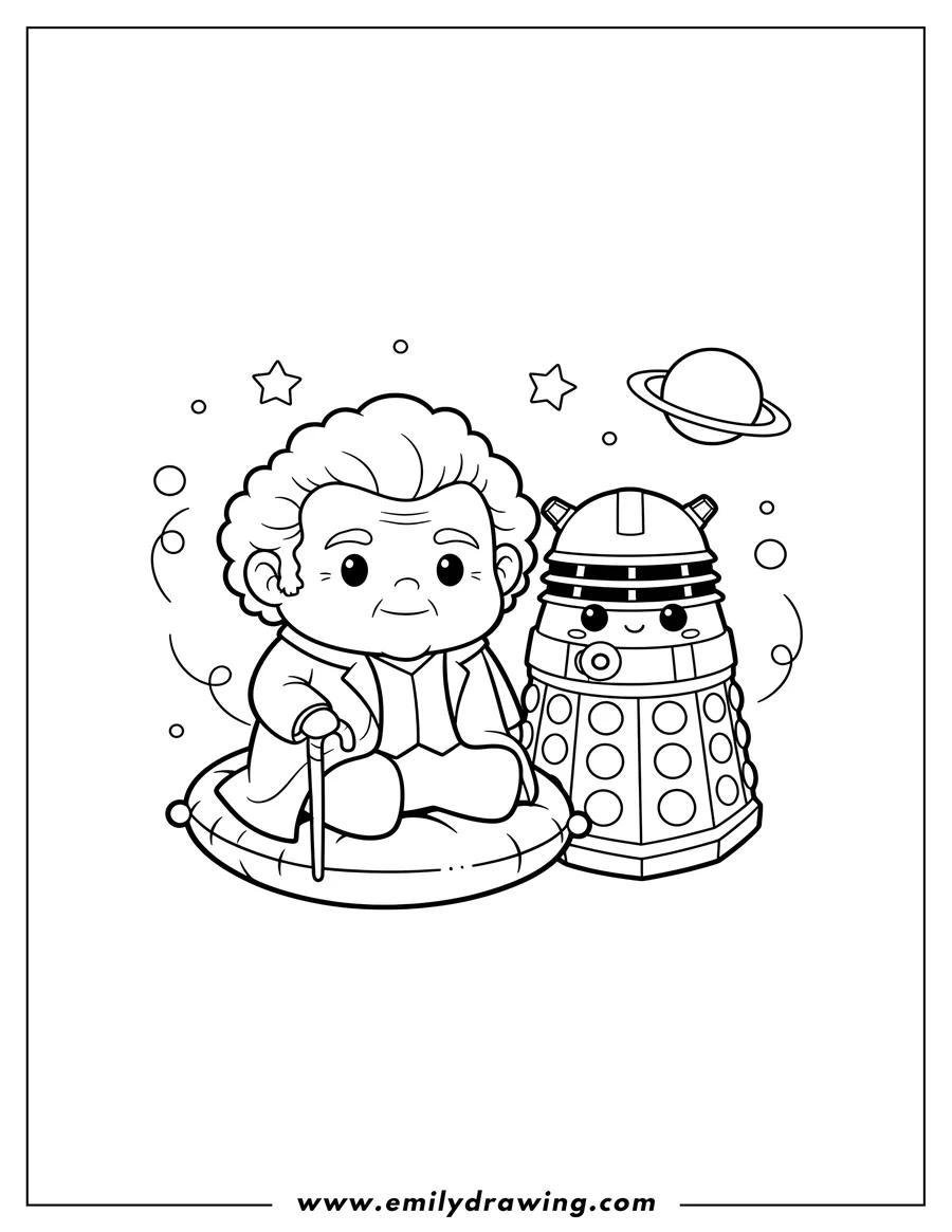 Coloring page for kids: kawaii First Doctor Who sitting with a Dalek and holding a cane, for preschoolers