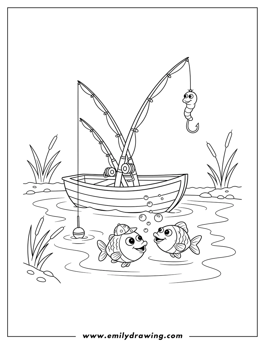 Outline drawing of A coloring page of two fishing rods, a bobber, a hook, three fishes, a worm, a boat, and reeds