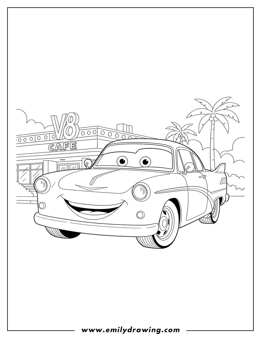 Outline drawing of flo the car smiling broadly