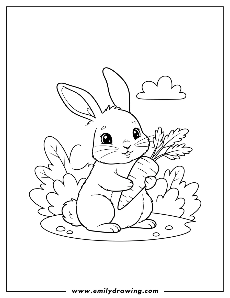 Coloring page of flop Eared Rabbit sitting with a carrot