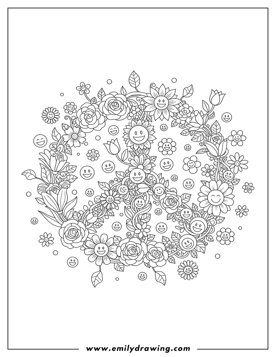 Printable line art of floral Peace Sign with scattered flowers and smiley faces