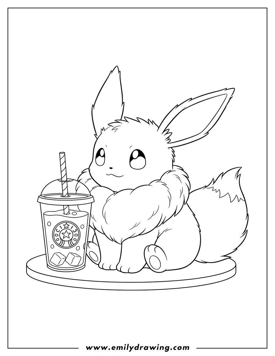 High quality printable fluffy Eevee sitting next to a cold Starbucks drink with a straw for coloring