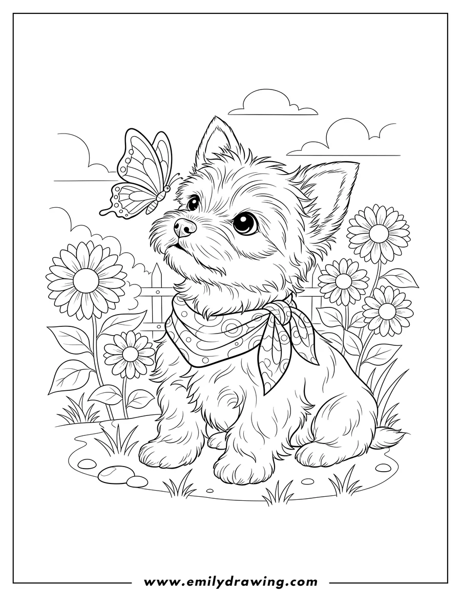 Coloring page for kids: fluffy Yorkie Puppy wearing a scarf looking up at a Butterfly in a Garden
