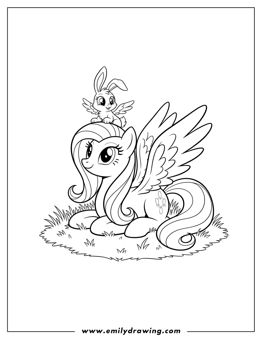 Outline drawing of fluttershy with wings, reclining on grass, with Angel Bunny on her head